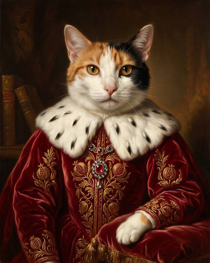 Royal portrait: a calico cat in a red velvet robe with an ermine collar, oil-painting style.