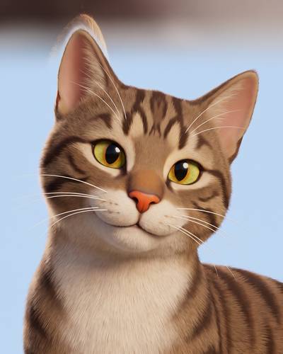 3D cartoon portrait of a tabby cat with big green eyes.