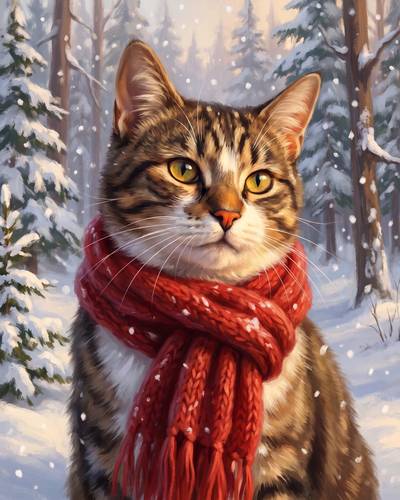 Christmas portrait of a tabby cat in a red knitted scarf in a snowy forest.