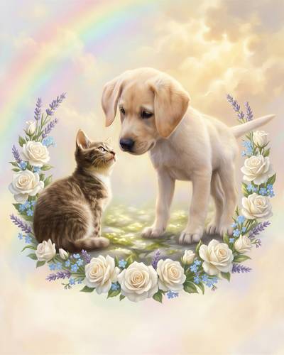 Memorial portrait of a puppy and a kitten in a soft wreath of white roses under a rainbow.