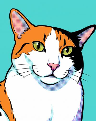 Pop art portrait of a calico cat with bold outlines on a turquoise background.