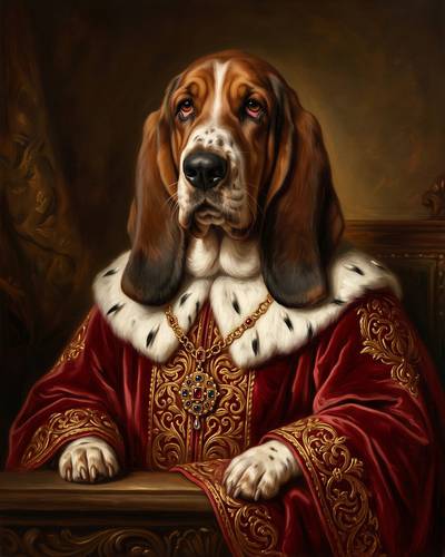 Royal portrait of a basset hound in a red and gold robe.